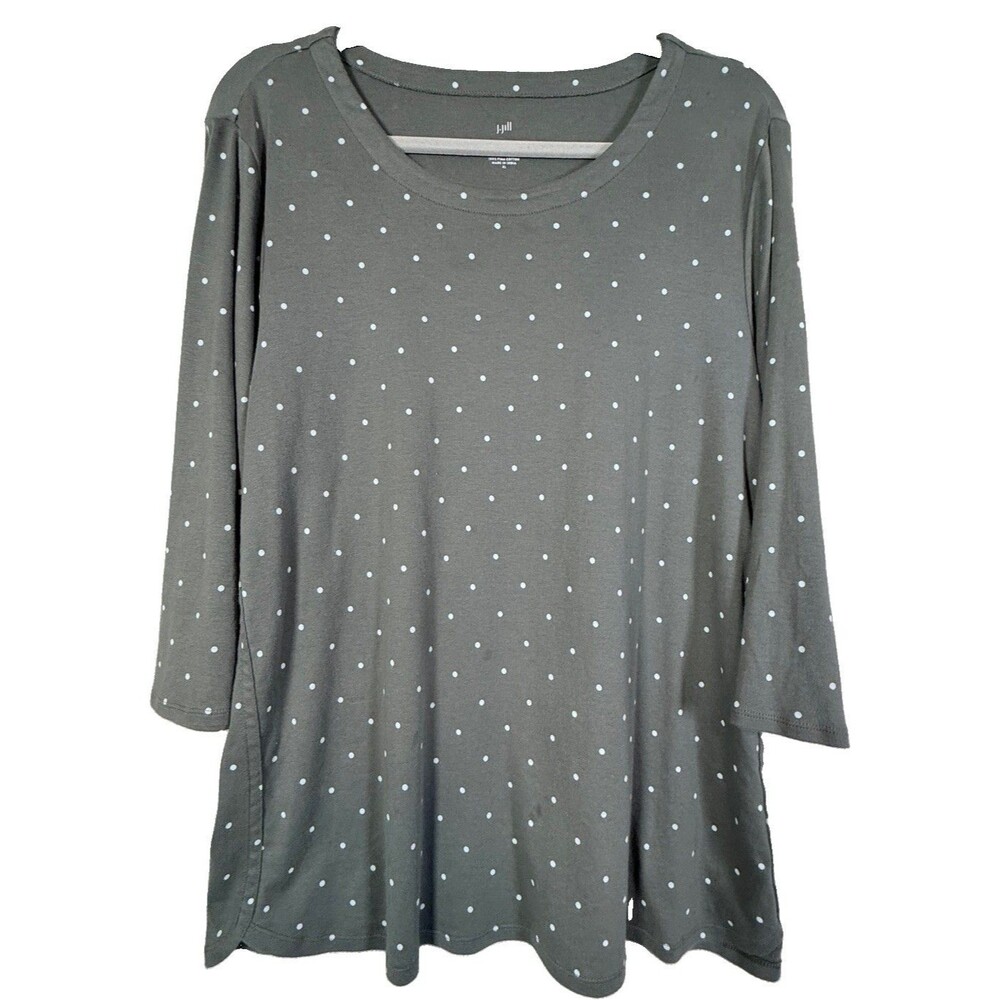 J Jill Shirt Pima 3/4 Sleeve Scoop Neck Polka Dot Tunic Womens XL Olive Green